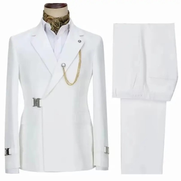 Heren set van katoen, polyester en viscose Elegante set van een blazer en broek voor mannen met een ketting op de kraag Effen set met een riemsluiting wit XL