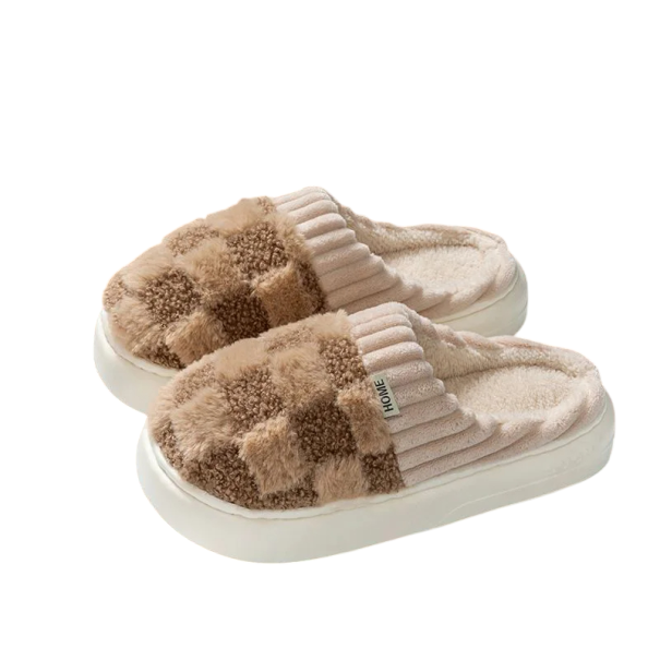 Heren warme geruite pantoffels met zachte zool, harige antislip pantoffels voor thuis, comfortabele pantoffels voor de winter, zachte warme schoenen bruin 40-41