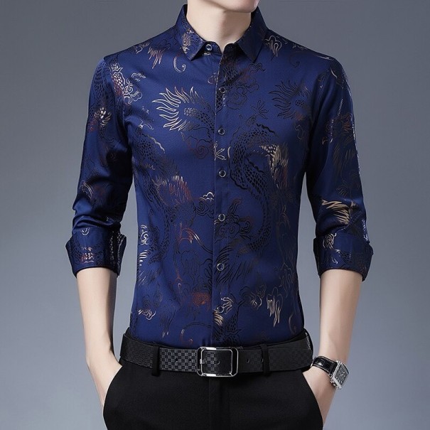 Herenoverhemd met draken F834 donkerblauw M