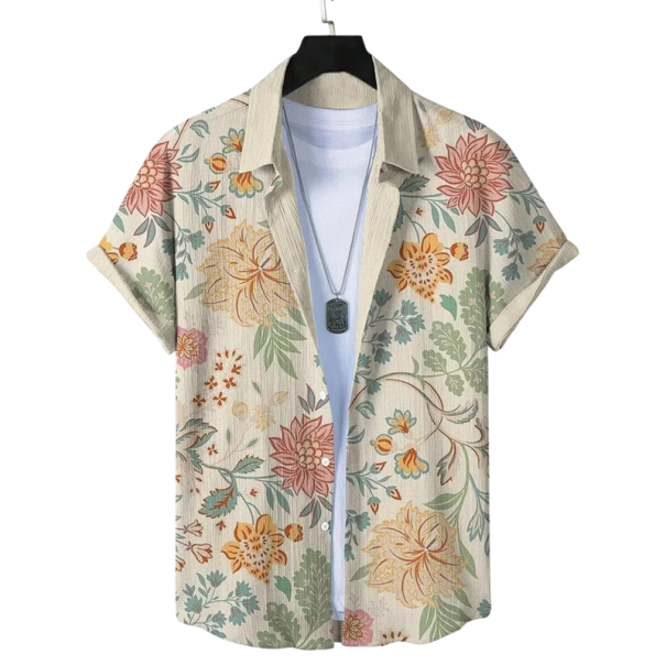 Herenoverhemd met knoopsluiting Korte mouwen Polyester Spandex Beige Bloemenprint Zomeroverhemd voor vrije tijd L