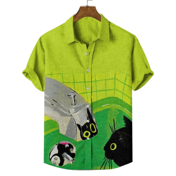 Herenoverhemd met knoopsluiting Korte mouwen Polyester Spandex Groene Kattenprint Zomeroverhemd voor vrije tijd XL