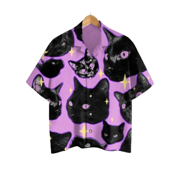 Herenoverhemd met knoopsluiting Korte mouwen Polyester Spandex Paarse Kattenprint Zomeroverhemd voor vrije tijd XS