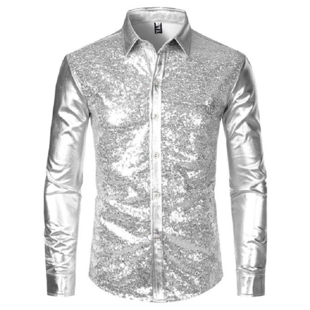 Herenoverhemd met pailletten F662 zilver M