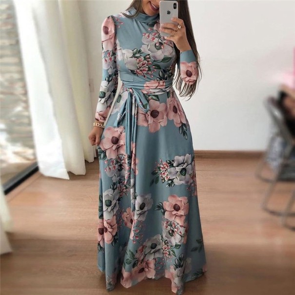 Herfst maxi-jurk met bloemenprint turquoise L