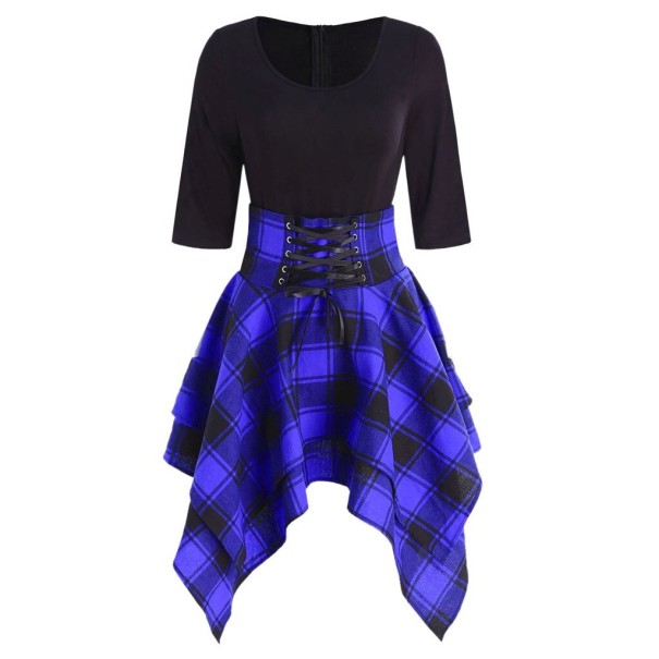 Herfstjurk met geruite rok blauw XXL
