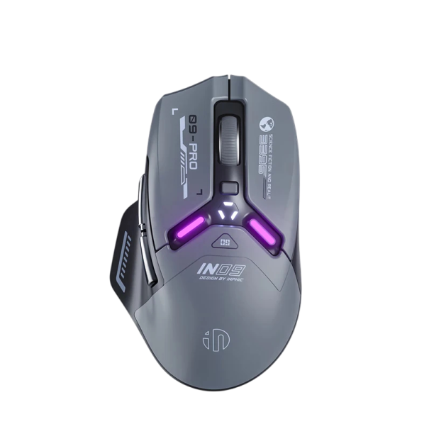 Herná myš Inphic IN9 PRO PAW3395 26000 DPI Bluetooth 2.4G drôtová dobíjacia 500mAh 12,9×8×4,3 cm šedá pre gaming 1