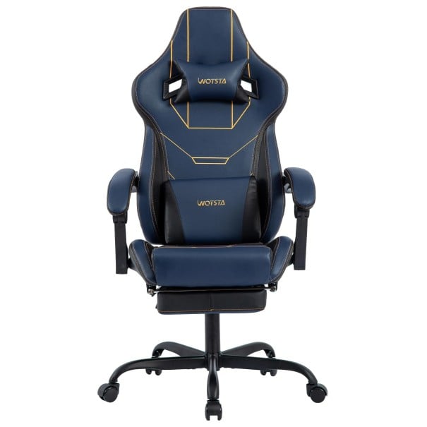 Herní židle otočná ergonomická s naklápěcím opěradlem 90° až 155° opěrka hlavy a podnožka syntetická kůže do kanceláře i pracovny na sezení u PC modrá