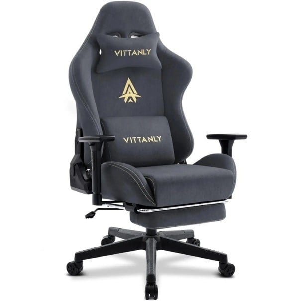 Herní židle otočná ergonomická s naklápěcím opěradlem 90° až 155° opěrka nohou a bederní polštář umělý semiš do kanceláře i pracovny u PC šedá