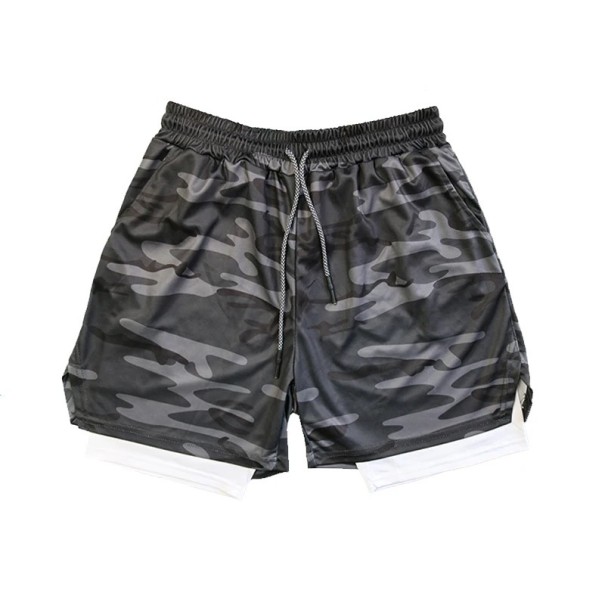 Herr kamouflage dubbla fitnessshorts snabbtorkande shorts med nätfoder och ficka med resår i midjan, sommarsportshorts grå XS
