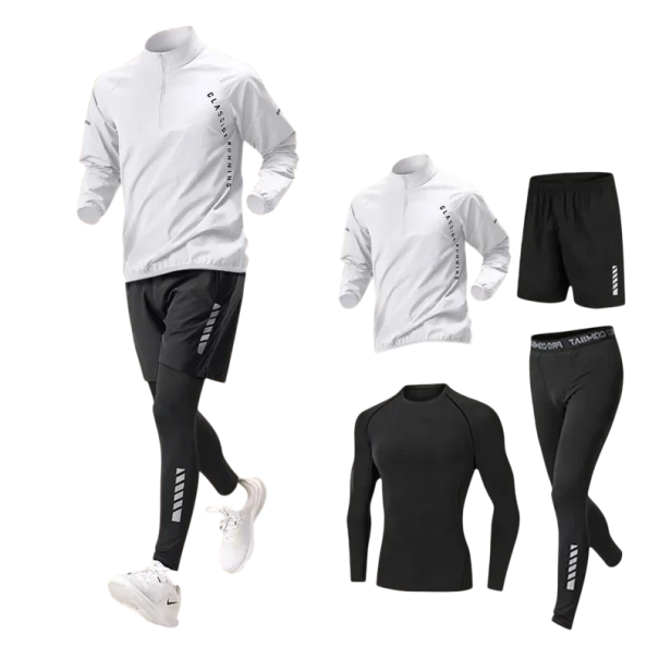 Herr sportset leggings, shorts, hoodie, långärmad tröja, polyester, spandex vit M