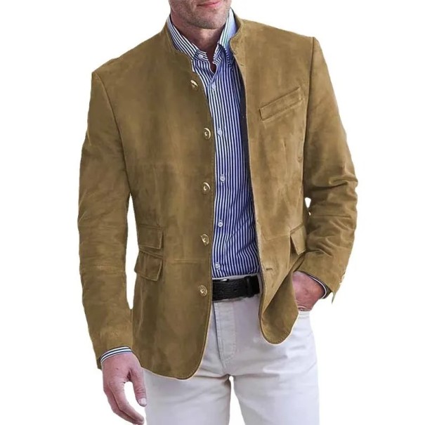 Herrarnas andningsbara polyesterjacka Elegant enfärgad jacka för män med fickor och knappar Stilig jacka för arbete och fritid khaki L