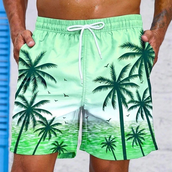 Herrbaddräkt med djärvt hawaiianskt palmträdsmönster, andningsbara, snabbtorkande sommarstrandshorts, lösa shorts med dragsko grön S