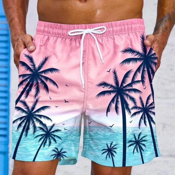 Herrbaddräkt med djärvt hawaiianskt palmträdsmönster, andningsbara, snabbtorkande sommarstrandshorts, lösa shorts med dragsko rosa S