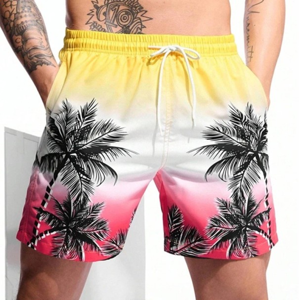 Herrbaddräkt med hawaiianskt palmträdsmönster, andningsbara, snabbtorkande boardshorts för sommaren, lösa sommarbadkläder med dragsko röd XXS