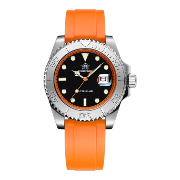 Herrdykarur med datum Ockladad roterande bezel Vattentåliga 200 m Kapsel 41 mm Rostfritt stål 316L Gummiband För dykning orange