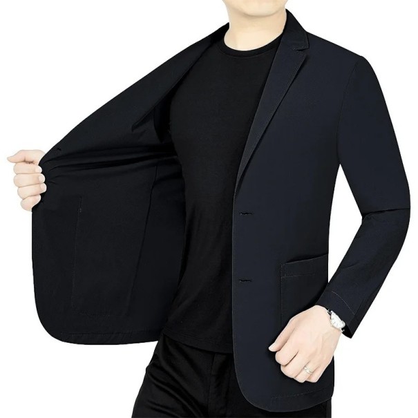 Herre åndbar jakke i polyester Elegant ensfarvet jakke til mænd med lommer og knapper Stilfuld let jakke til arbejde og fritid sort XL