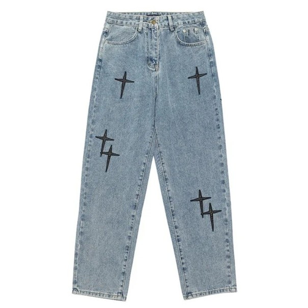 Herre blå jeans med sort stjernebroderi, afslappede lige bukser, vide ben, lange bukser, løse, komfortable jeans, streetwear-stil XXS