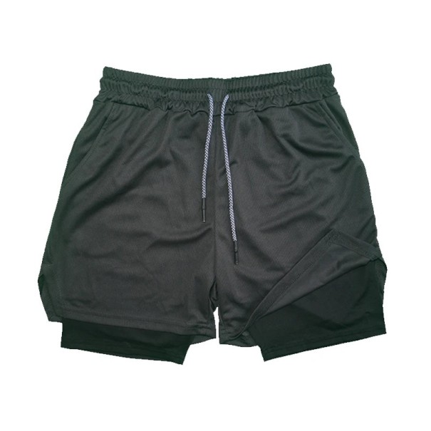 Herre dobbeltlags fitnessshorts hurtigttørrende sportsshorts med meshforing, lomme, elastisk talje, sommerstrandshorts grå XS