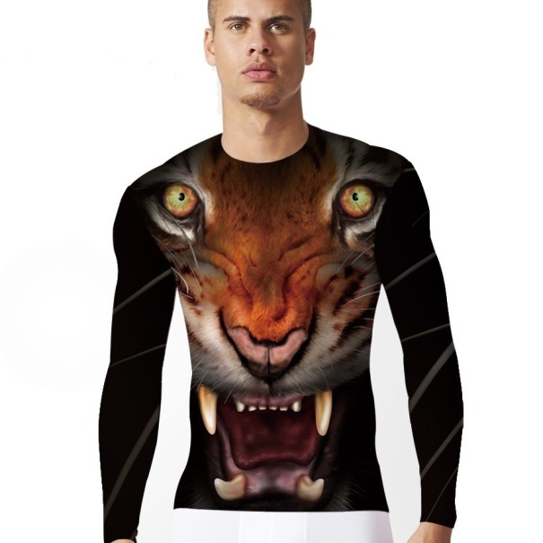 Herre elastisk 3D T-shirt med tigerprint - lange ærmer XL