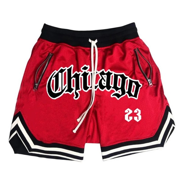 Herre Hurtigtørrende Sportshorts Chicago Basketball Fitness Shorts med Lynlåslommer Løse Træningsshorts til Sommeren rød L