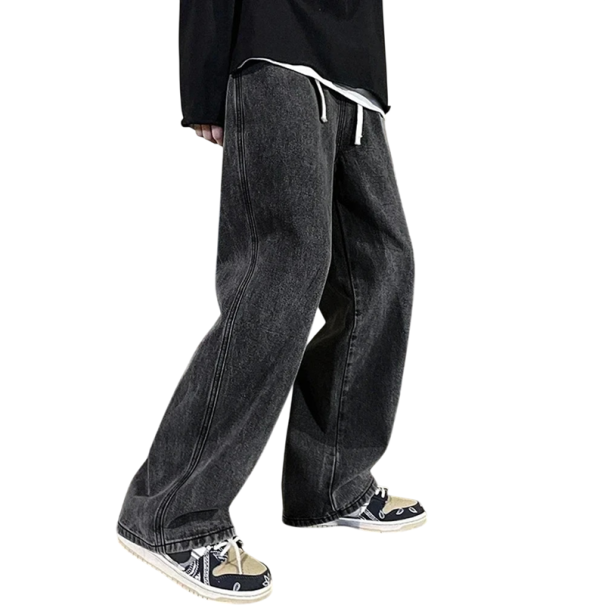 Herre løse jeans ensfarvede, med lommer, på snor, bomuld og polyester mørkegrå M