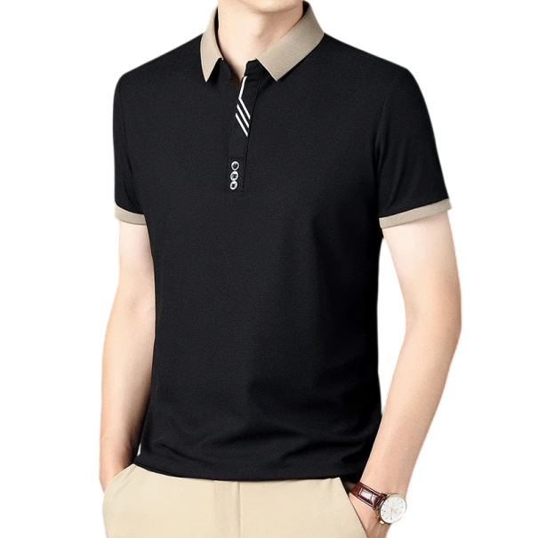 Herre polo t-shirt med korte ærmer, krave og knapper. Ensfarvet elegant polo t-shirt i polyester til daglig brug sort S