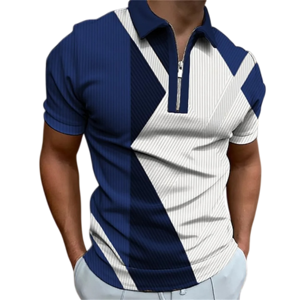 Herre polo t-shirt med lynlås og V-udskæring og krave Kortærmet Farverige mønstre Polyester Moderne stil til sommer mørkeblå L