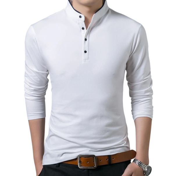 Herre poloshirt med lange ærmer, krave og knapper En ensfarvet elegant poloshirt lavet af polyester til daglig brug hvid S