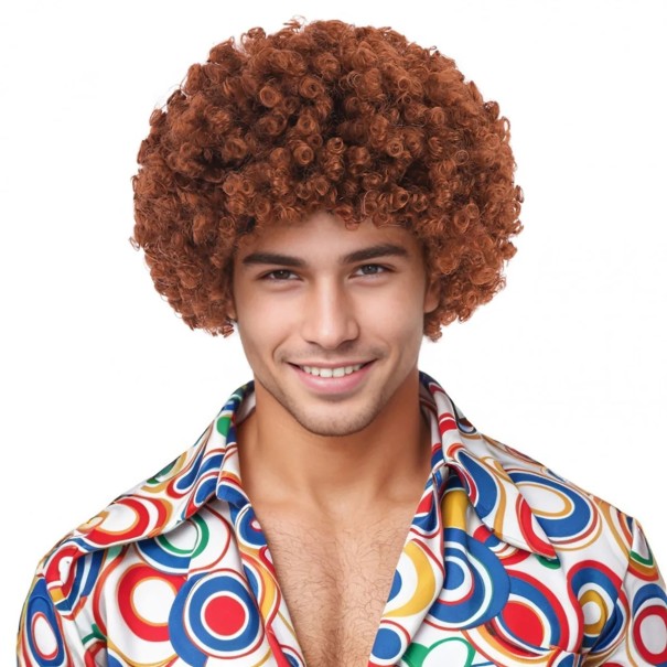 Herre retro syntetisk paryk kort rulle eksplosiv hoved 30 cm hip-hop disco højtemperaturfiber kostume cosplay Halloween fest lysebrun