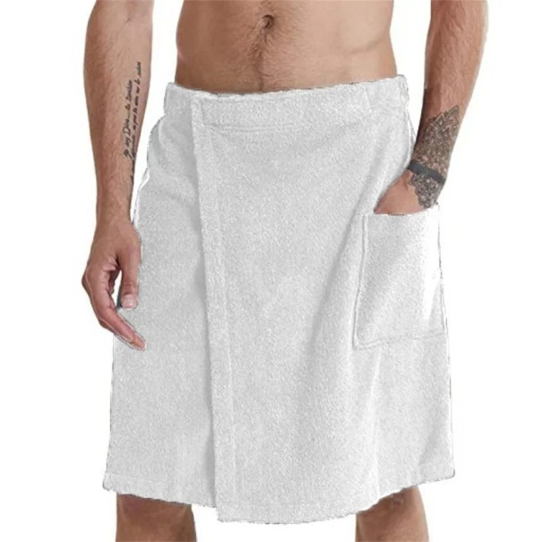 Herre saunahåndklæde lavet af mikrofiber koralfleece med lomme og velcro. Blød og absorberende sauna-kilt. Hurtigtørrende badehåndklæde. Wellness-tilbehør. hvid S