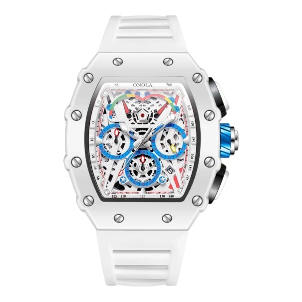 Herre sports quartz ur ONOLA Skeleton med dato og lysende visere Vandafvisende 30 m Kasse 45 x 51 mm Silikone rem Til sport hvid