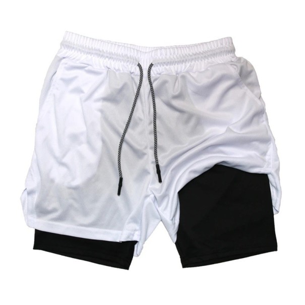 Herre sportshorts med dobbelt lag, hurtigttørrende til træning, med lommer, komfortable shorts med høj elastisk talje til løb og træning hvid L