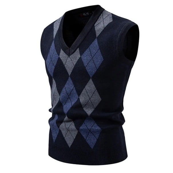 Herre strikket vest med V-hals og geometrisk mønster polyester nylon uden ærmer til hverdagsbrug, lagdelt over skjorte mørkeblå L