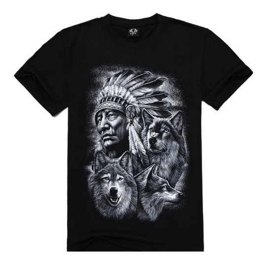 Herre T-shirt med 3D-print - Indianer med ulve XL