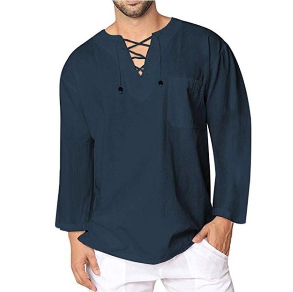 Herre T-shirt med snørebånd F773 mørkeblå XXL