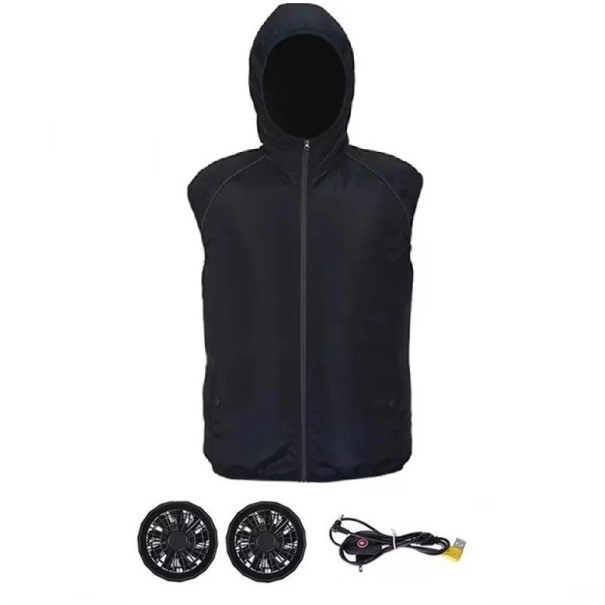 Herre Ventileret Hættevest med Aircondition, 2x 9cm Børsteløs Ventilator, USB-strøm, Sommerarbejde, Udendørs Vest til Herrer sort M