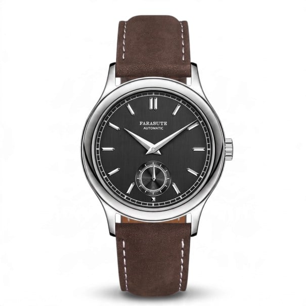 Herren Automatikuhren Farasute Elegant mit kleiner Sekunde Wasserfest 5 bar Durchmesser 39 mm Edelstahl Saphirglas Lederarmband schwarz