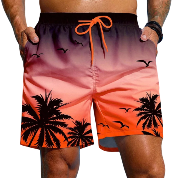 Herren-Badeanzug mit Hawaii-Palmen-Aufdruck, atmungsaktiv, schnelltrocknend, Sommer-Strandshorts, lockere kurze Badebekleidung mit elastischer Taille orange L