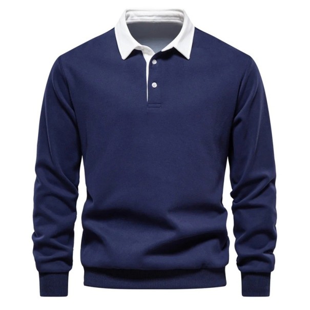 Herren Baumwollpullover mit Kragen und halbem Knopfverschluss Einfarbiges Polo mit langen Ärmeln Bequemer eleganter Schnitt für jeden Tag blau XS