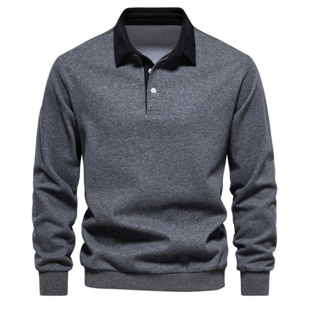 Herren Baumwollpullover mit Kragen und halbem Knopfverschluss Einfarbiges Polo mit langen Ärmeln Bequemer eleganter Schnitt für jeden Tag grau S