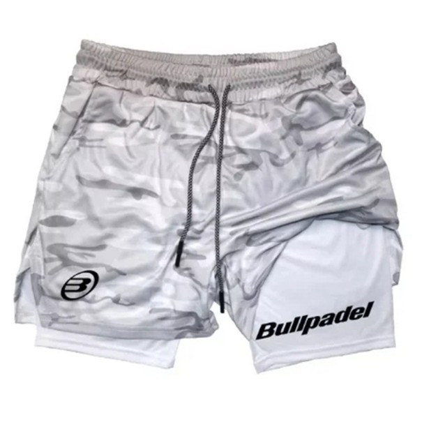 Herren Camouflage Doppellagige Schnelltrocknende Sporthose Sommer Outdoor Shorts zum Laufen und Badminton Elastischer Bund Kordelzug grau L