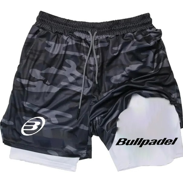 Herren Camouflage Doppellagige Schnelltrocknende Sporthose Sommer Outdoor Shorts zum Laufen und Badminton Elastischer Bund Kordelzug schwarz S