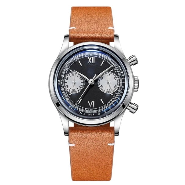 Herren Chronograph Uhr mit Tachymeter Wasserdicht 100 m Gehäuse 38 mm Edelstahl 316L Mineralglas Lederarmband Für den Alltag beige