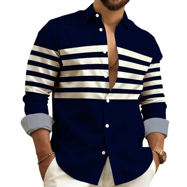 Herren dunkelblaue lockere Hemd mit langen Ärmeln und cremefarbenen horizontalen Streifen über der Brust, kontrastierenden Manschetten und klassischem Kragen XS