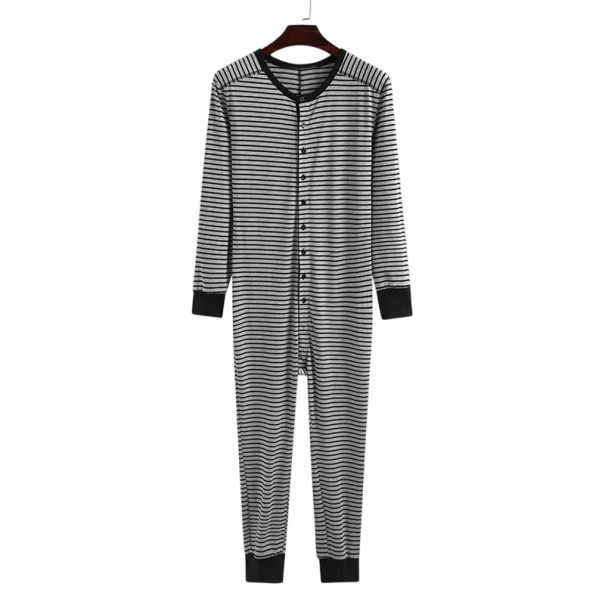 Herren Einteiler Pyjama mit Knöpfen Langarm Hose Polyester Bequemes Zuhause Schlafen und Entspannen grau L