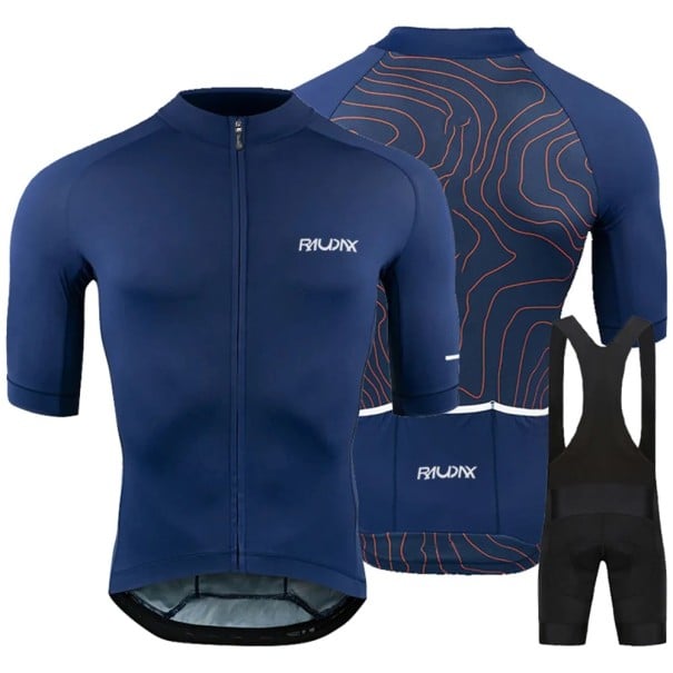 Herren Fahrradset – Kurzarmtrikot mit Reißverschluss und Latzhose, UV-Schutz, für Radfahren, Sport und Freizeitaktivitäten blau XXS
