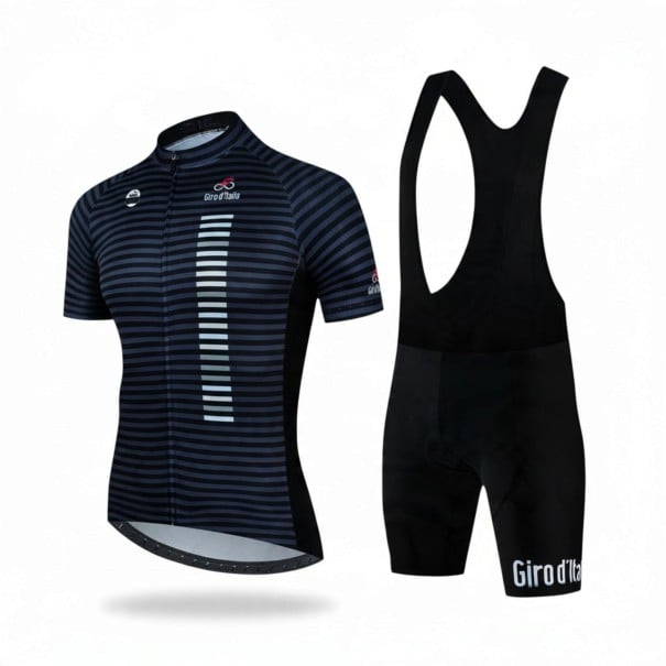 Herren Fahrradset Trikot mit kurzen Ärmeln und Shorts mit Trägern und Polster 90 % Polyester und 10 % Lycra Dunkelblau gestreift XS