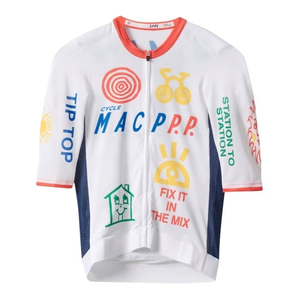 Herren Fahrradtrikot mit kurzen Ärmeln und durchgehendem Reißverschluss mit bedruckten Zeichentrickmotiven und Schriftzügen weiß S