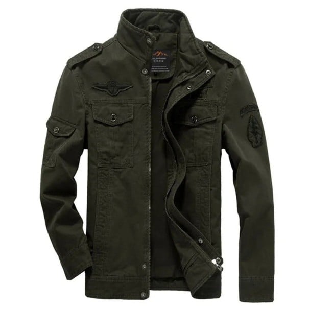 Herren Frühlingsjacke mit Patches Stylische leichte Reißverschlussjacke mit Taschen Baumwoll Freizeitjacke mit Kragen Militärjacke für die Freizeit armeegrün XS