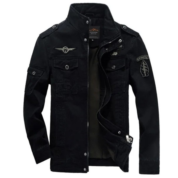 Herren Frühlingsjacke mit Patches Stylische leichte Reißverschlussjacke mit Taschen Baumwoll Freizeitjacke mit Kragen Militärjacke für die Freizeit schwarz L